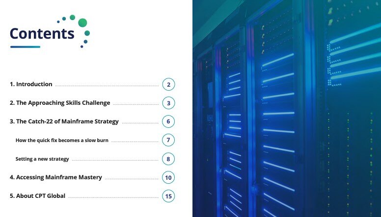 A document page with a table of contents on the left, listing five sections with page numbers. The right side shows a blurred image of a server room with glowing blue lights.
